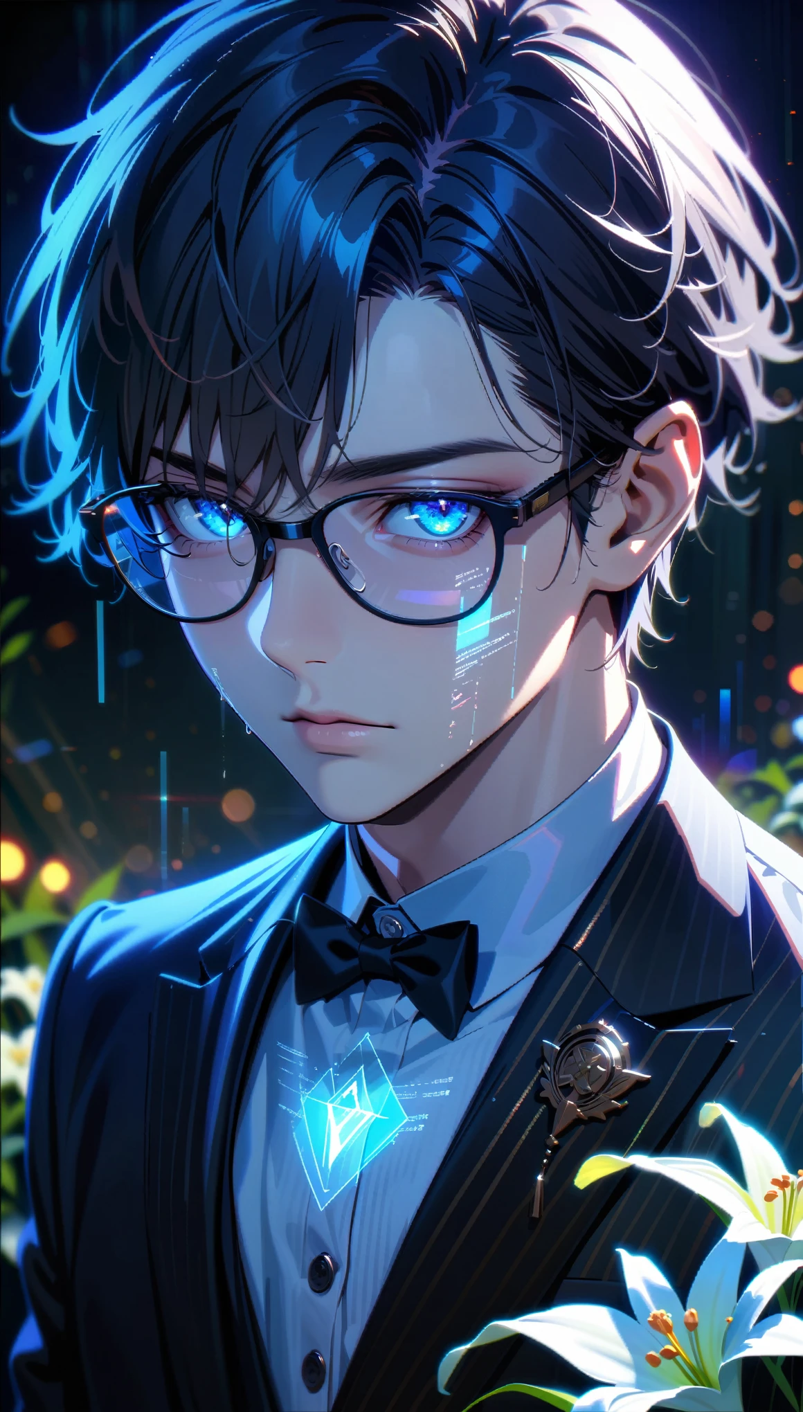 Masterpiece, Best Quality, Super Detailed, High Definition, Expensive Resolution, HDR, Super Detailed CG, Beautiful Details, Depth, Fine Texture, Super Fine, Complete concentration, Pale skin, Handsome man, smart and cool man, confident, short hair, black hair, blue hair highlight, beautiful detail eyes, emerald eyes, full details black tuxedo suit, blue trim, glasses, 1 male, pin a lily on one's chest, Cold face and eyes, closed mouth, ethereal atmosphere, lily garden, intricate details, volumetric lighting, atmospheric lighting, lens flare, particles, Cinematic light, colorful light, white colors schemes, Holding a white lily flower, fine detail, intricate, beautiful detailed glow, extremely detailed eyes and face, futuristic, hlpr, (hologram, glitch, holographic face, ui, interface, nodes), 