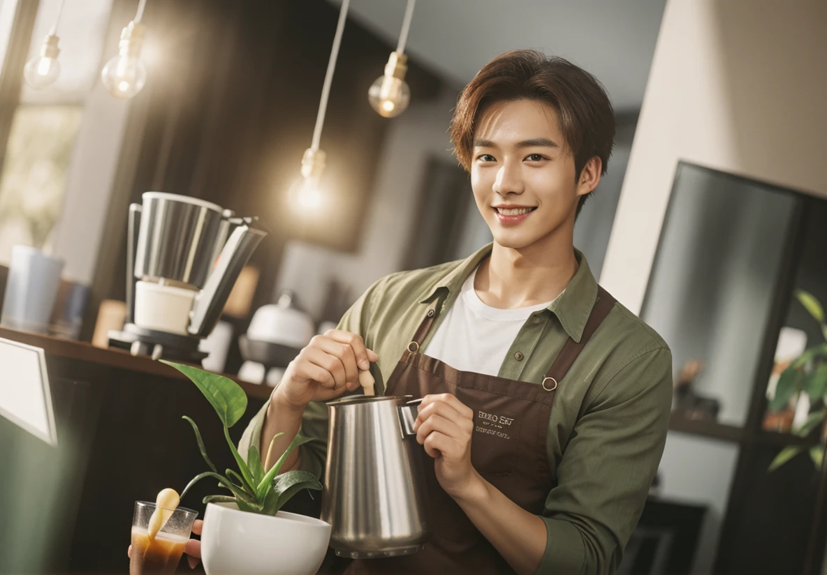 realism,photorealism,hd,4k,8hd 
1boy,Korean guy,Very beautiful, model appearance, photogenic, Good quality, nice light,Work in a cafe, barista apron, brown eyes,blond long hair, cup, green shirt, holding, indoors, kettle, long sleeves, looking at viewer, male focus, medium hair, mole, mole under eye, plant, potted plant, pouring, red eyes, reflection, shirt, smile, solo, star \(symbol\), teapot, upper body, white shirt, window