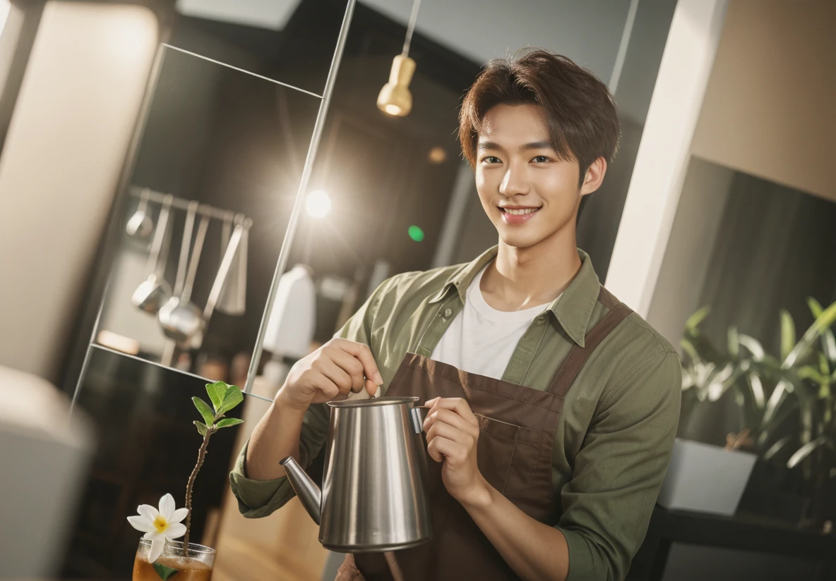 realism,photorealism,hd,4k,8hd
1boy,Korean guy,Very beautiful, model appearance, photogenic, Good quality, nice light,Work in a cafe, barista apron, brown eyes,blond long hair, cup, green shirt, holding, indoors, kettle, long sleeves, looking at viewer, male focus, medium hair, mole, mole under eye, plant, potted plant, pouring, red eyes, reflection, shirt, smile, solo, star \(symbol\), teapot, upper body, white shirt, window