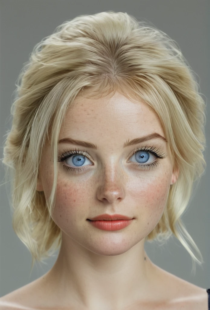 1girl, solo, looking at viewer, blue eyes, blonde hair, simple background, dress, bare shoulders, upper body, looking back, grey background, lips, eyelashes, portrait, freckles, realistic