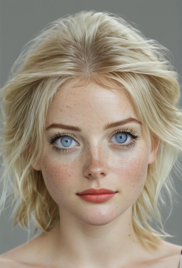 1girl, solo, looking at viewer, blue eyes, blonde hair, simple background, dress, bare shoulders, upper body, looking back, grey background, lips, eyelashes, portrait, freckles, realistic