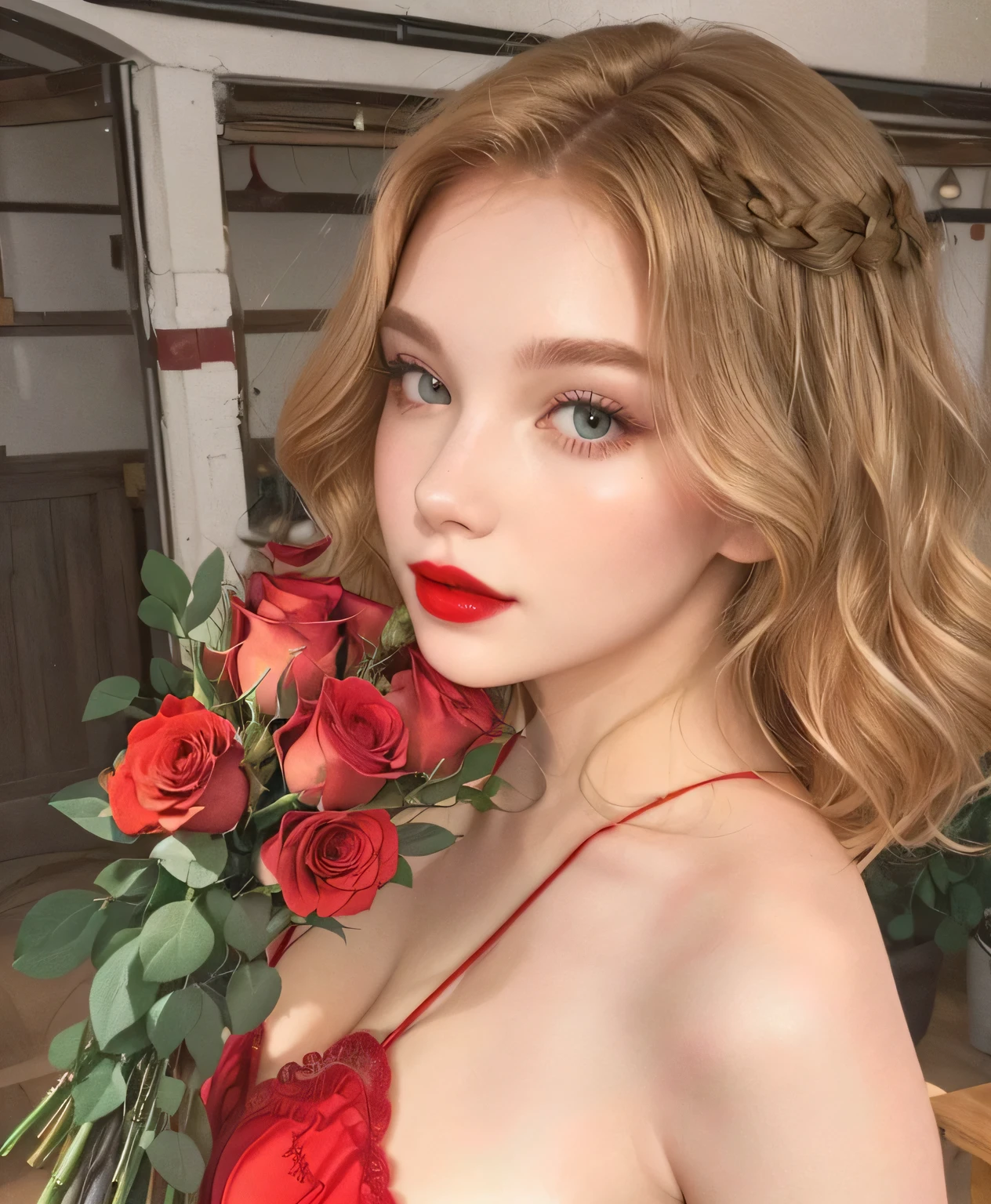There is a woman in a red dress holding a bouquet of roses, Sidney Sweeney, heavenly red flower atmosphere, profile picture, with flowers, 👁🌹👾, red rose in blonde hair, Red lips, have this property, small and thick Red lips, Dasha Taran, Red roses, Style of Julia Razumova, art album,  light blonde hair, light blonde wavy hair, very light blonde hair
