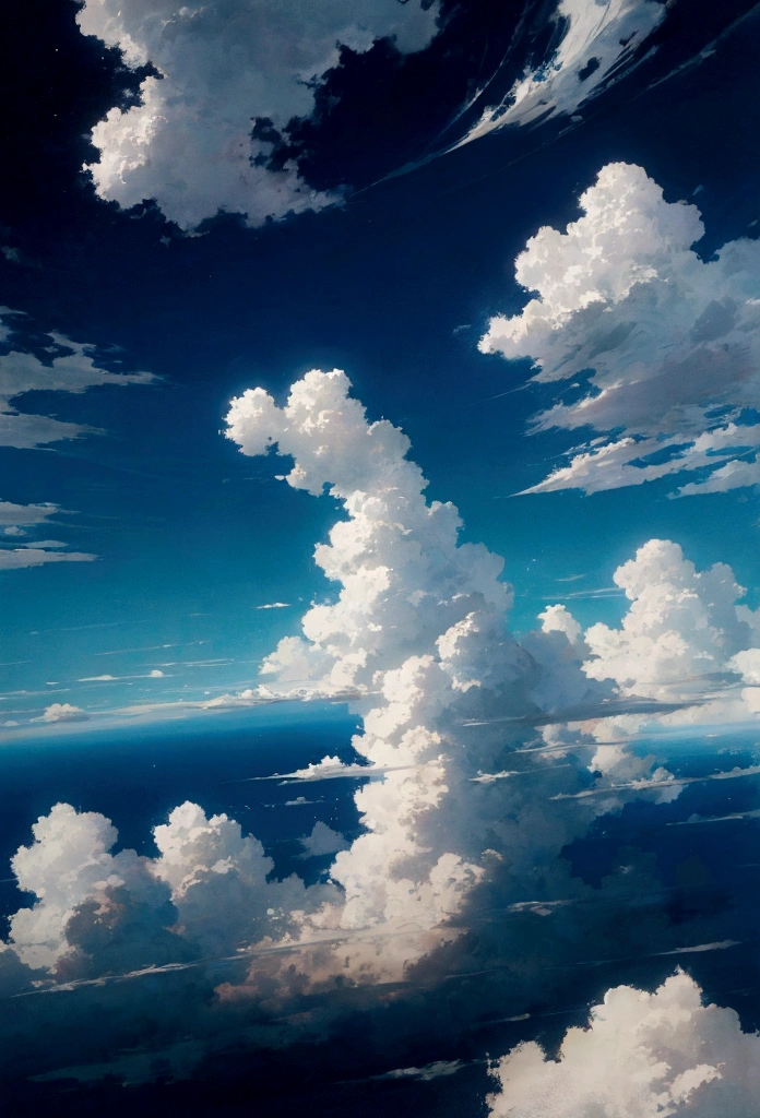 A distant view of a person falling from the sky, seen as a small dot amidst an endless expanse of bright, fluffy clouds. The scene is in a vibrant anime style, with no land visible, only the vast cloudscape and clear blue sky. The atmosphere is peaceful yet surreal, highlighting the immensity of the sky. Detailed textures, vivid colors, serene mood, hd quality