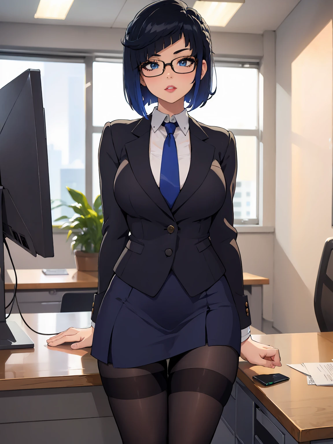 (masterpiece), (best quality), (detailed), (1girl), anime screencap, lineart, yelan, (fully clothed), glasses, round glasses, office outfit, office blazer, black blazer, buttoned blazer, black suit, white shirt, (long blue tie), office tie, blue office tie, office skirt, black skirt, black stockings, high stockings, thigh stockings, pantyhose, lips, naughty face, breath, bob cut, beautiful glowing hair, (office background), office, office table, computer monitor, blurry, blurry background, bokeh, 200mm lens, 