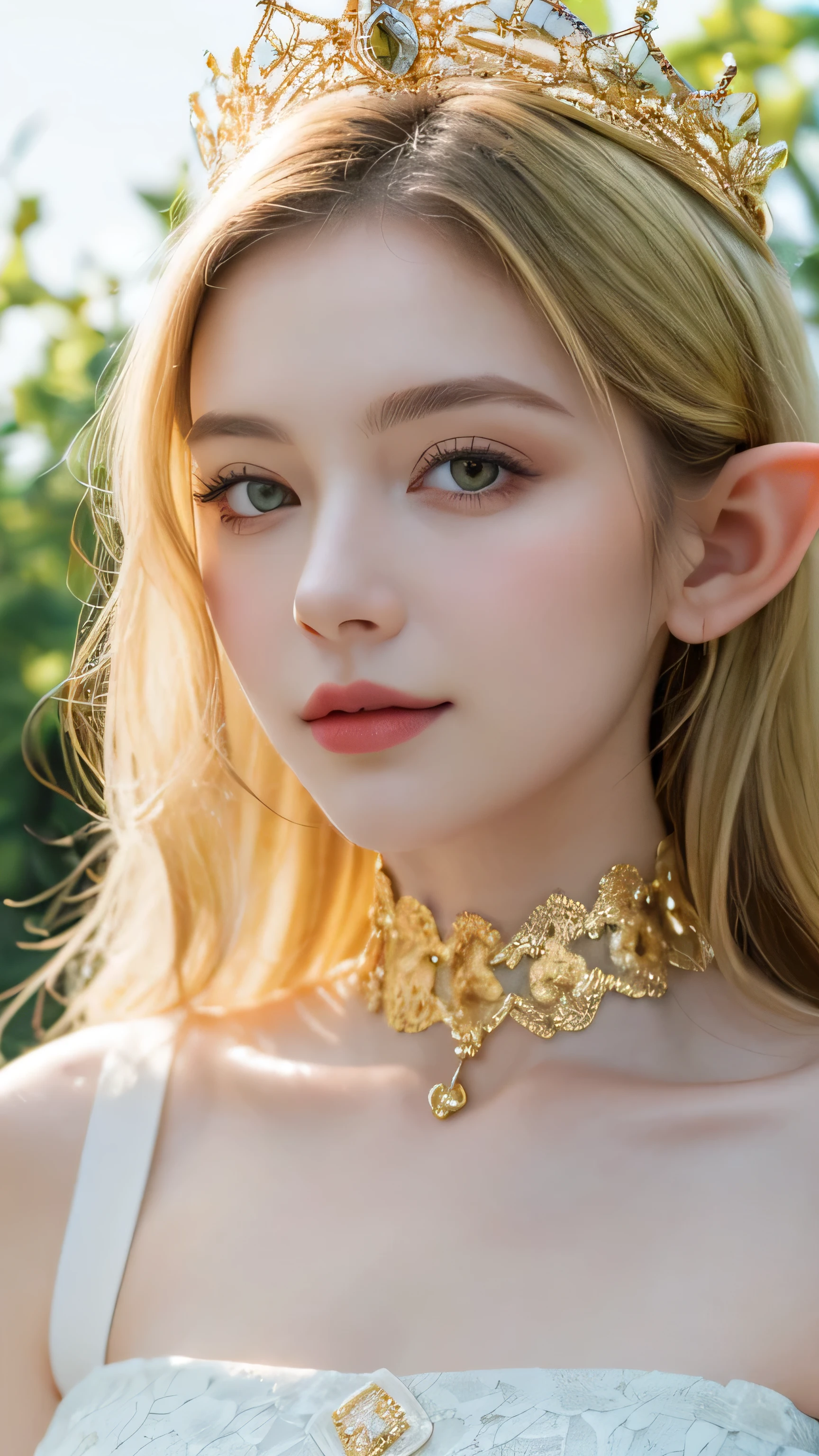 ((best quality)), ((masterpiece)), (detailed), perfect face, elf, gold hair, long hair, gold eyes, dress, garden, happy, sunny, white grass, lawn, lace choker, romantic, soft smile, looking at viewer, portrait, ribbons, crown