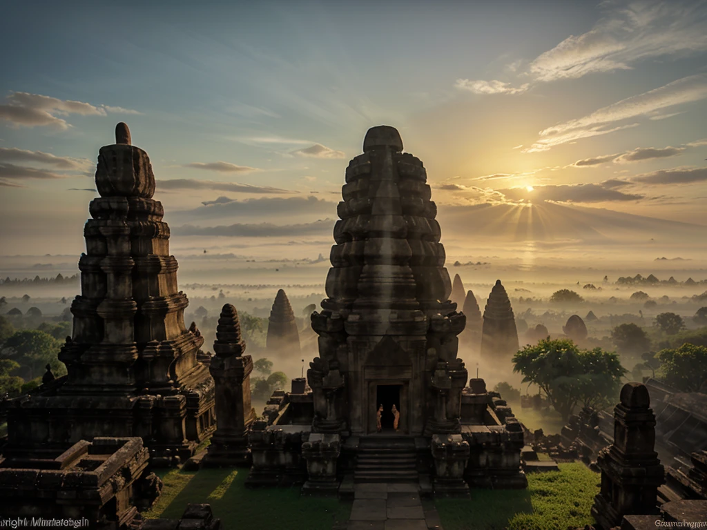 a picture of "unfinished temple in the morning at sunrise (prambanan)", good lighting, good quality, good texture, mist, myth vibe, 4k, realistic, low angle,