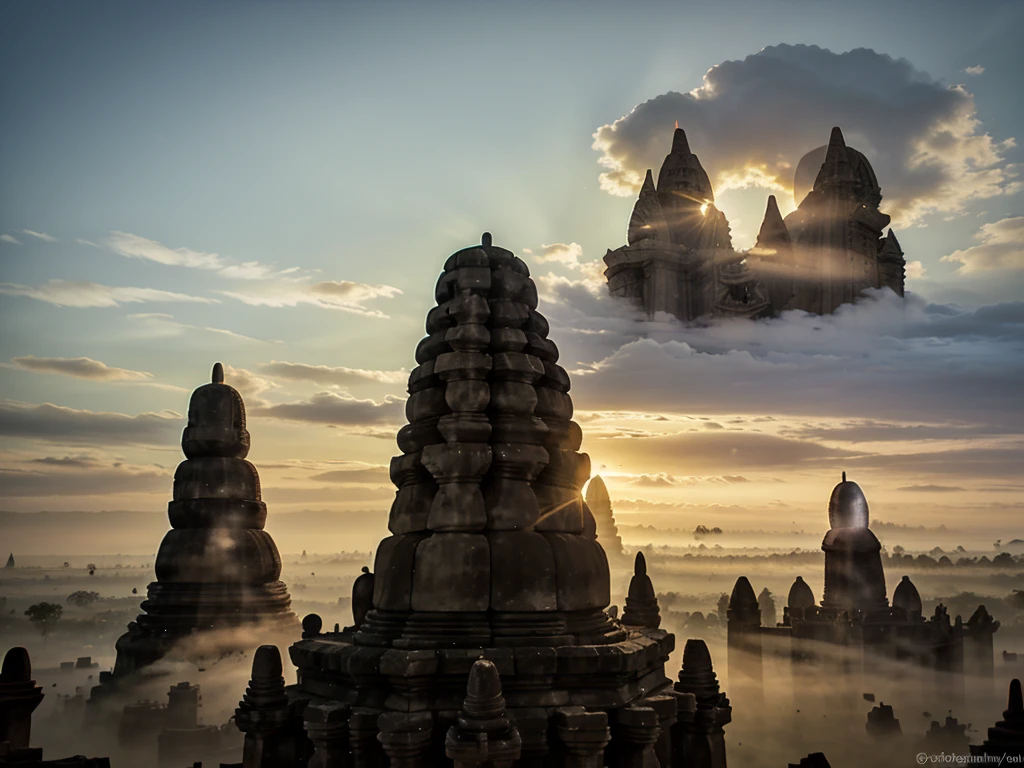 a picture of "unfinished temple in the morning at sunrise (prambanan)", good lighting, good quality, good texture, mist, myth vibe, 4k, realistic, low angle,