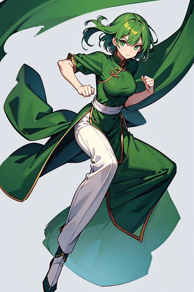 Green Hair、Her hair is short、small breast、upright stance、full body、Fighter、male、Uniform、Chinese Knight、Chinese style、White background、No exposure、China dress、pants、band、front、White clothes、Kung Fu、slender