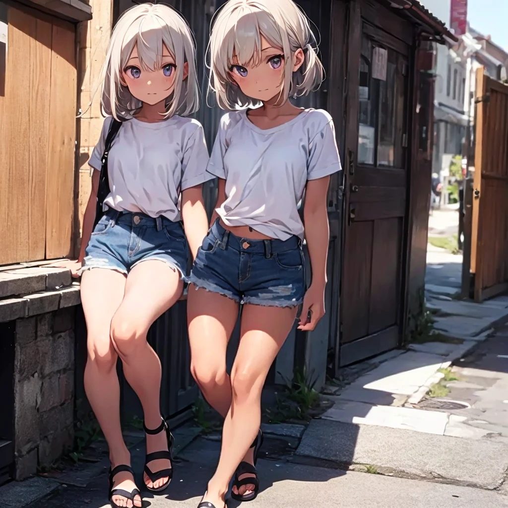 A dark-skinned boy with short grey-white hair,Flat Chest,Very slim figure,Purple short-sleeved shirt,Bare waist,Denim shorts,Thin legs,Sandals,city