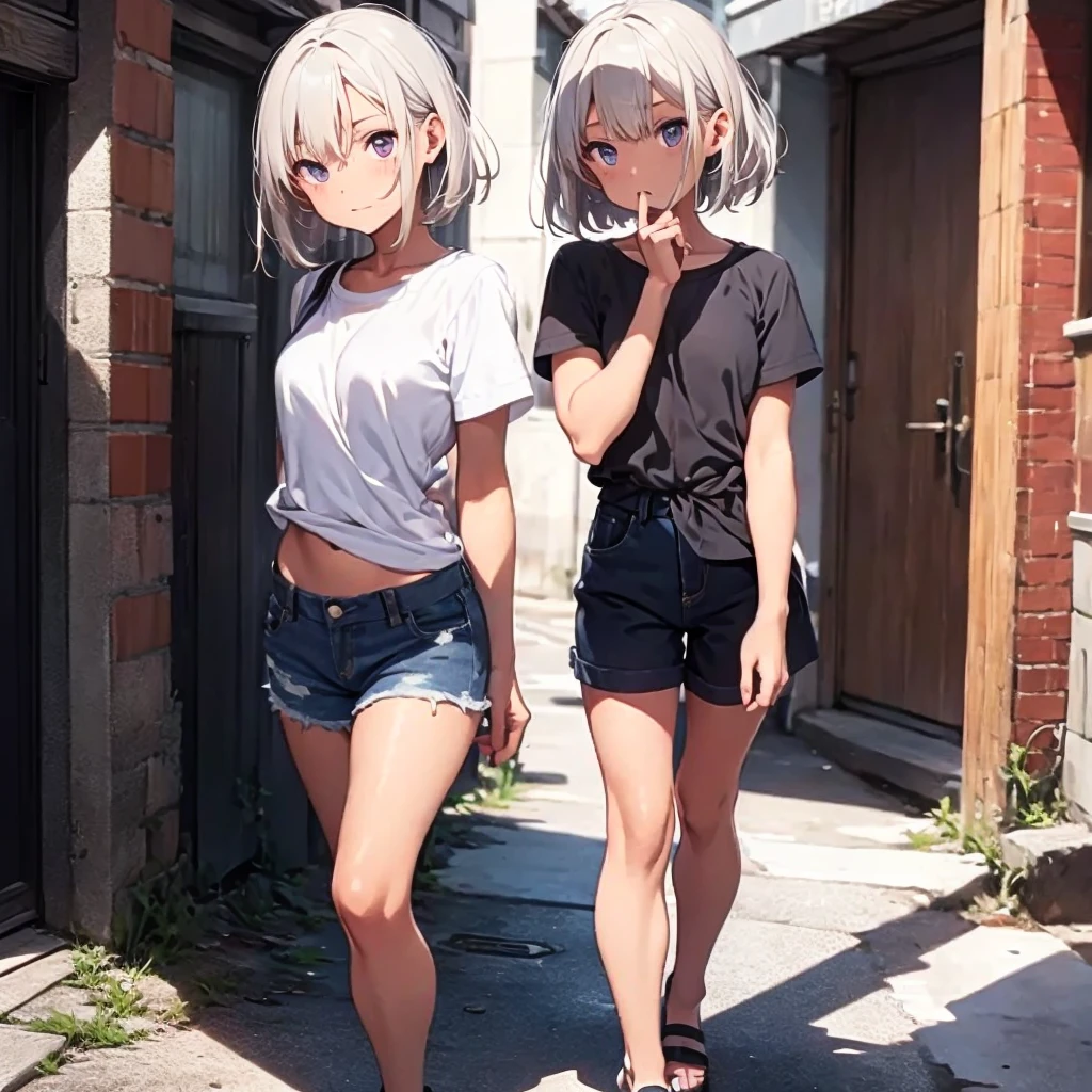 A dark-skinned boy with short grey-white hair，Flat Chest，Very slim figure，Purple short-sleeved shirt，Bare waist，Denim shorts，Thin legs，Sandals，city
