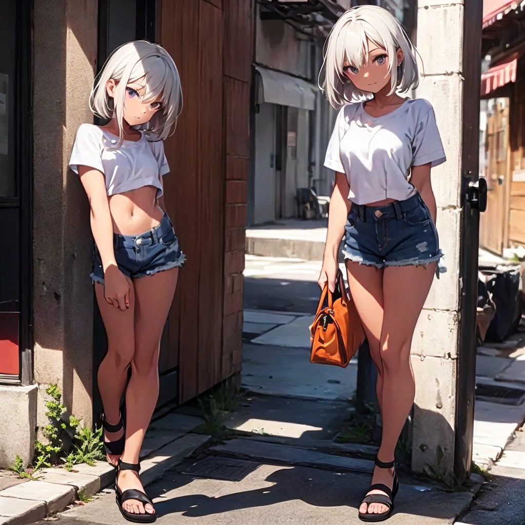 A dark-skinned boy with short grey-white hair,Flat Chest,Very slim figure,Purple short-sleeved shirt,Bare waist,Denim shorts,Thin legs,Sandals,city