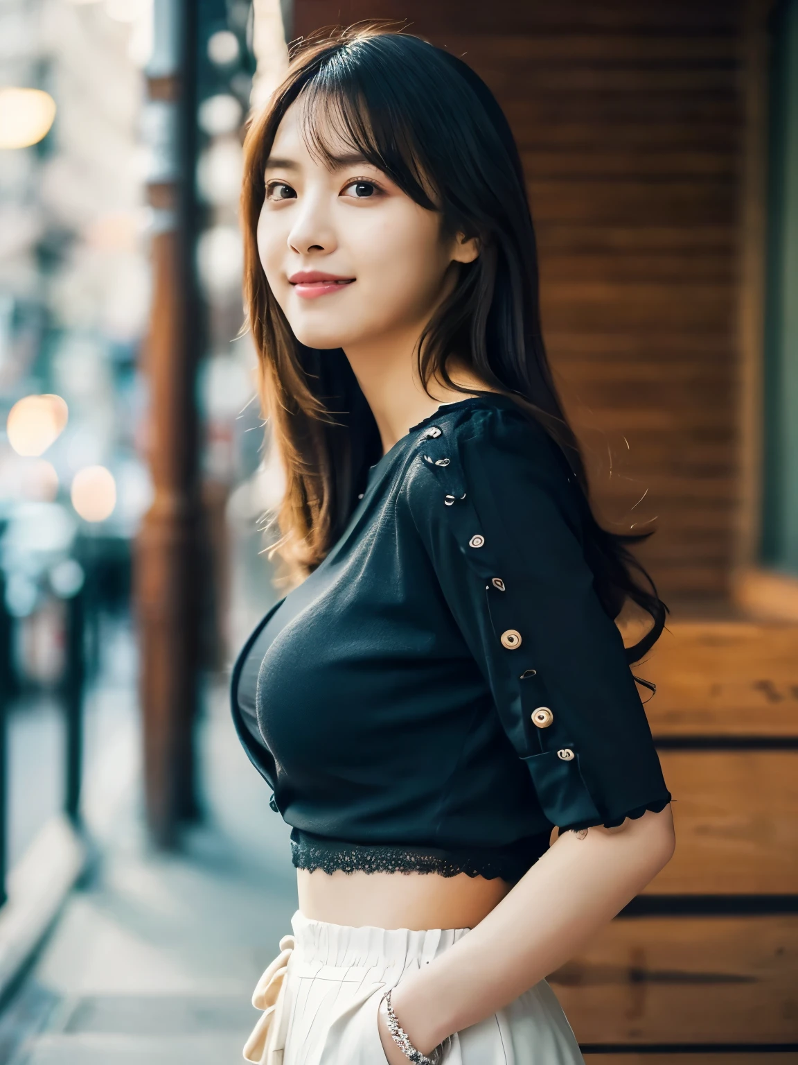 1 girl, (wearing a black blouse:1.2), black short skirt, beautiful Japanese actress, (RAW photo, highest quality), (realistic, Photoreal:1.4), masterpiece, very delicate and beautiful, very detailed, 2K wallpaper, wonderful, finely, very detailed CG Unity 8k wallpaper, Super detailed, High resolution, soft light, beautiful detailed girl, very detailed目と顔, beautifully detailed nose, beautiful and detailed eyes, Long hair, cinematic lighting, break, (Against the backdrop of a outside the open cafe terrace 1.3), city lights, perfect anatomy, slender body, smile, Face the front completely, (look at the camera), (waist shot), (emphasize big breasts),  (full body shot), (Random body direction), (Shooting from a long distance),