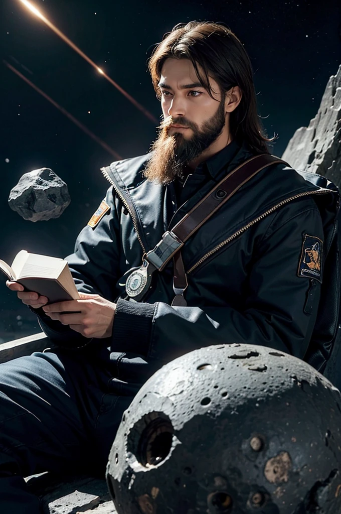 Drawing of a young programmer, Sitting on a research platform floating in the middle of the asteroid belt. He is studying with a notebook., Surrounded by several asteroids emitting fiery rings. Dramatic lights from distant stars and planets illuminate the scene, Casting a deep shadow on the suit. The young man looks confident and determined., Look at the vast and mysterious universe with wonder and awe,beard, Cowboy shooting,