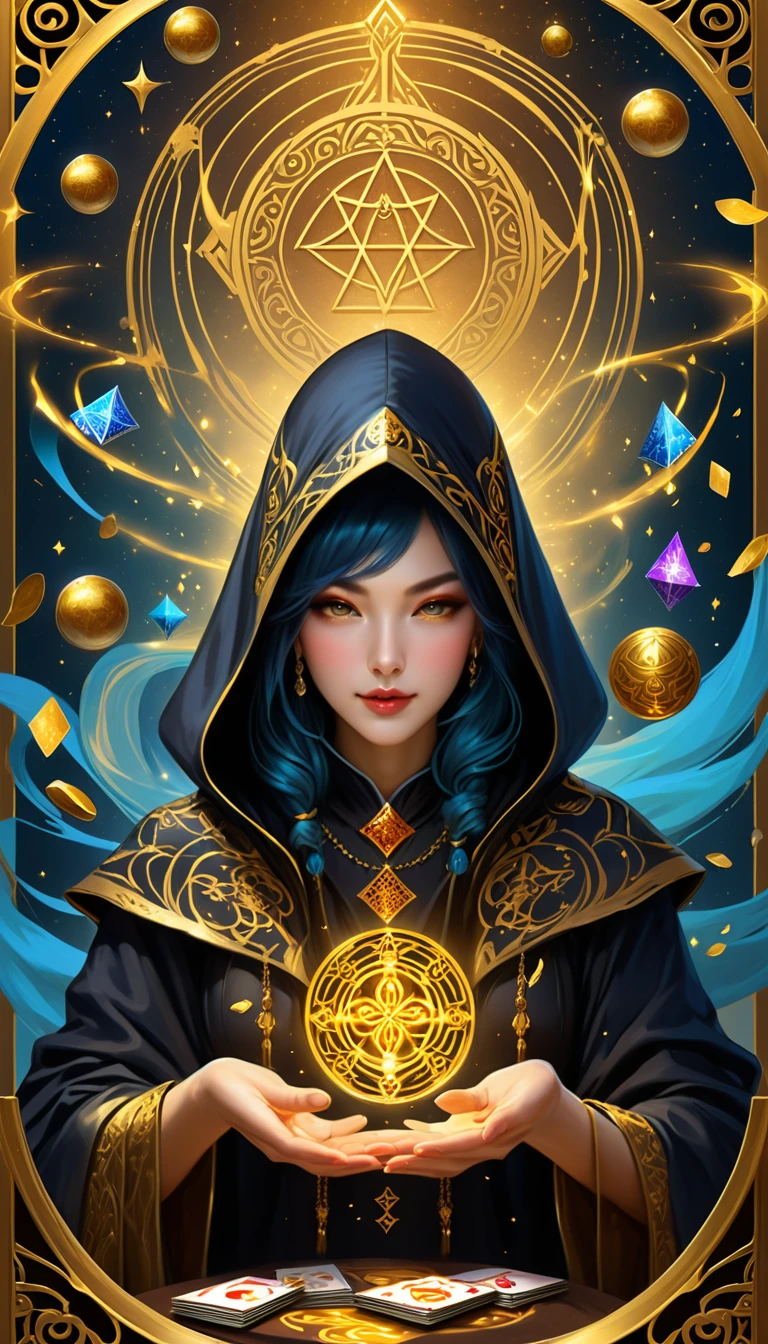 Onmyoji,Metal photo frame,card,tarot cards:1.37.Mysterious fortune teller wearing hood,Finger taps an array of tarot cards in the air,Mystical symbols and elements,ancient mysterious atmosphere,Realistic illustrationeticulous details,Vibrant and energetic composition,dark style,gothic style、Old woman、Golden Background、Golden Clothes、Luxury Background