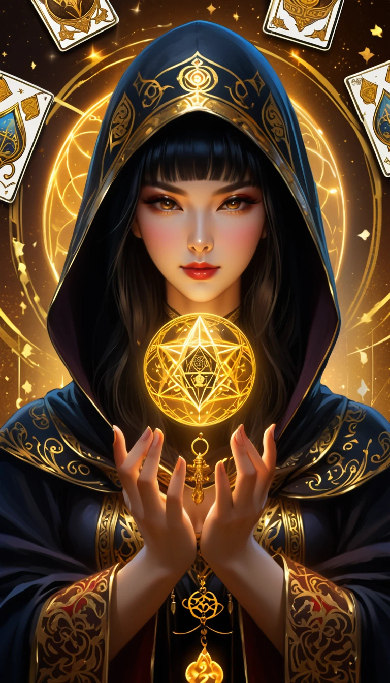 Onmyoji,Metal photo frame,card,tarot cards:1.37.Mysterious fortune teller wearing hood,Finger taps an array of tarot cards in the air,Mystical symbols and elements,ancient mysterious atmosphere,Realistic illustrationeticulous details,Vibrant and energetic composition,dark style,gothic style、Old woman、Golden Background、Golden Clothes、Luxury Background