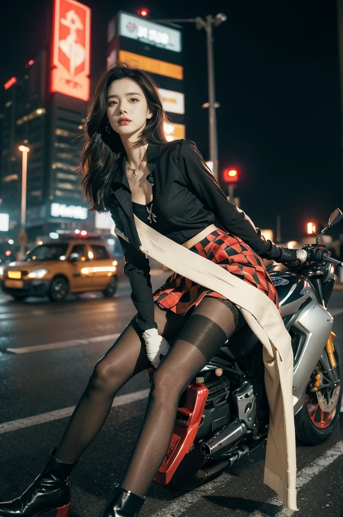 (((best quality))),(((ultra detailed))),(((masterpiece))),illustration,(1 beautiful girl,solo),((slim,thin)),((small breasts,flat chest)),(safety helmet:1.3),shoulder length straight bob hair,slender legs,cyberpunk, urban street,high school student, JK outfit,(riding on a motorcycle:1.3), sleek, (white collared short-sleeved shirt:1.3),(gloves:1.2),(red checkered pleated skirt:1.3),(pantyhose:1.3), stylish boots, confidence, determination, dark streets,neon lights, skyscrapers, urban noises, traffic, sirens, city sounds, futuristic, dystopian society, technology, fashion, explosive cocktail, style, , modernity, attitude, spirit, anything is possible,from front
