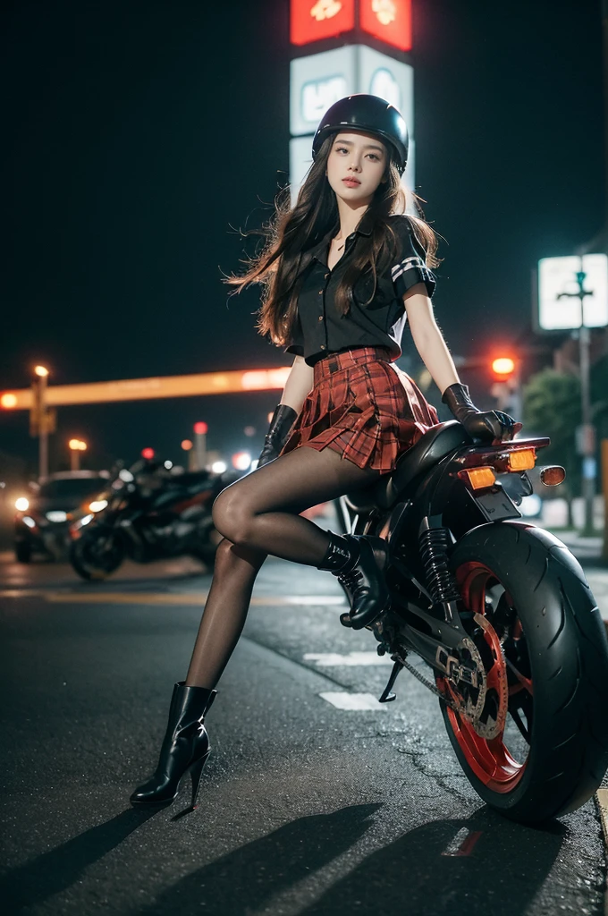 (((best quality))),(((ultra detailed))),(((masterpiece))),illustration,(1 beautiful girl,solo),((slim,thin)),((small breasts,flat chest)),(safety helmet:1.3),shoulder length straight bob hair,slender legs,cyberpunk, urban street,high school student, JK outfit,(riding on a motorcycle:1.3), sleek, (white collared short-sleeved shirt:1.3),(gloves:1.2),(red checkered pleated skirt:1.3),(pantyhose:1.3), stylish boots, confidence, determination, dark streets,neon lights, skyscrapers, urban noises, traffic, sirens, city sounds, futuristic, dystopian society, technology, fashion, explosive cocktail, style, , modernity, attitude, spirit, anything is possible,from front