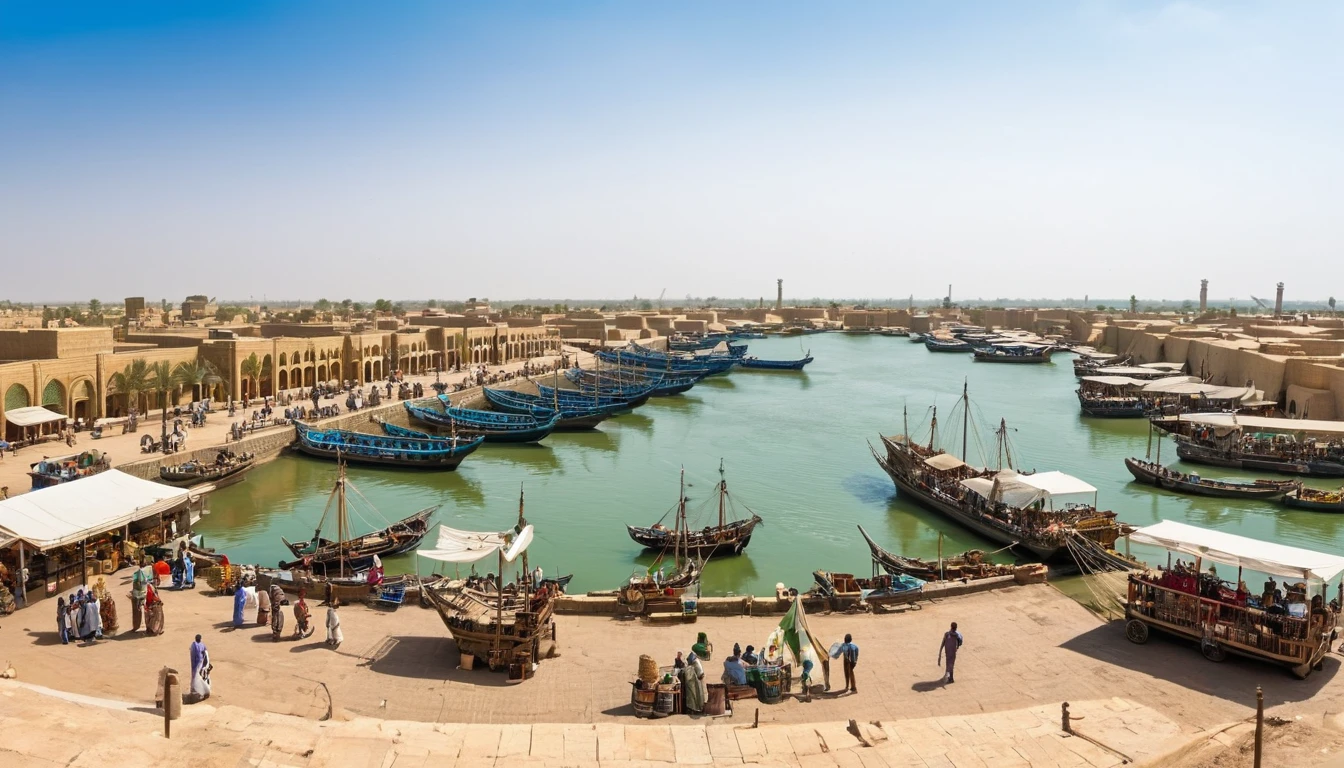 panoramic view of the city of Babylon, in the port with ships docked and a market close to the port, with several people