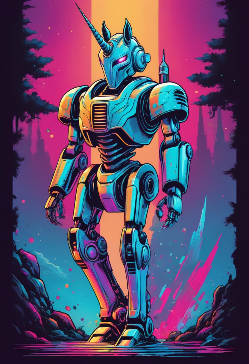 creative logo illustration of a robot cyborg intricat unicorn. vibrant colors digital art style work, The overall theme is vibrant and fantastic with a touch of digitl art sketch by frank frazetta, dan mumford, carne griffith, high definition, vibrant colors, nehative space, T-shirts design