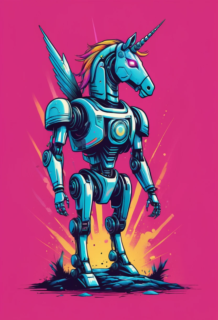 creative logo illustration of a robot cyborg intricat unicorn. vibrant colors digital art style work, The overall theme is vibrant and fantastic with a touch of digitl art sketch by frank frazetta, dan mumford, carne griffith, high definition, vibrant colors, nehative space, T-shirts design