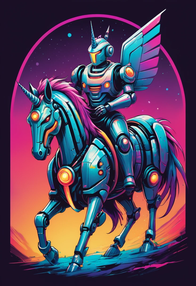 creative logo illustration of a robot cyborg intricat unicorn. vibrant colors digital art style work, The overall theme is vibrant and fantastic with a touch of digitl art  sketch by frank frazetta, dan mumford, carne griffith, high definition, vibrant colors, nehative space, T-shirts design