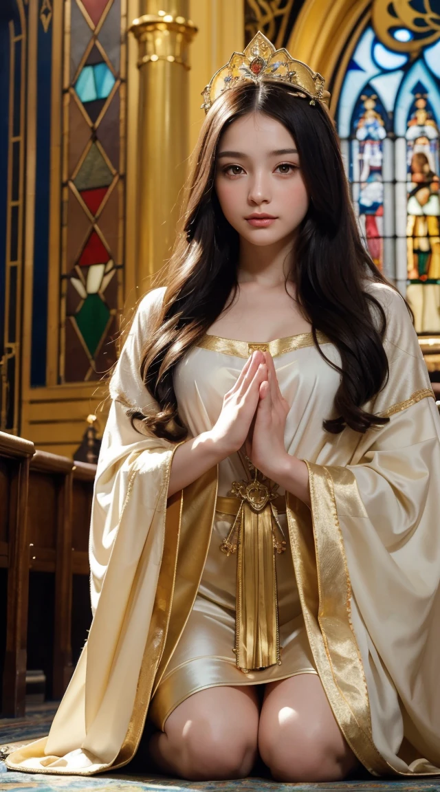 Mona Lisa, pale colour(Fantasy Sisters, Gold decorated robe, Offer a prayer, church)Ultra-fine illustrations(Brightly colored stained glass, Volumetric lighting Backlight Good lighting, Colorful Refraction)Depth of written boundary(Very exquisite beautiful face and eyes)Perfect Anatomy(A boy as cute as an angel)(Furry Beastman)(Furry body、Facial features of animals、Features of the animal's body)(Animal nose、Very fine fur)Chibi full body