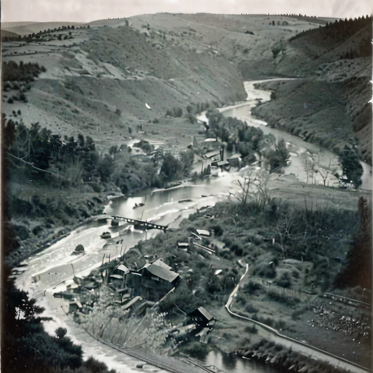 An old photo of a river running through a rural area, Wild River in 1914, Close-up, war photos, Available images, Very famous photo, Watch from above, photo taken from above, Bird's eye view, Aerial Shooting, Vintage photos from 1920, View from slightly above, Photos from 1930
