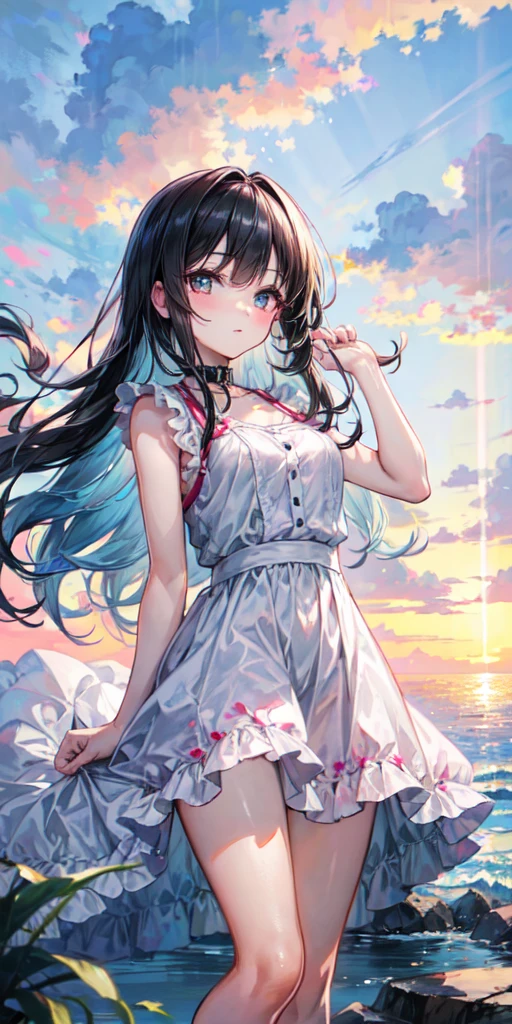 "A mesmerizing sunset scene with a girl mesmerized by the majestic golden rays of sunlight and clouds, creating an awe-inspiring and vivid color palette. Masterpiece."