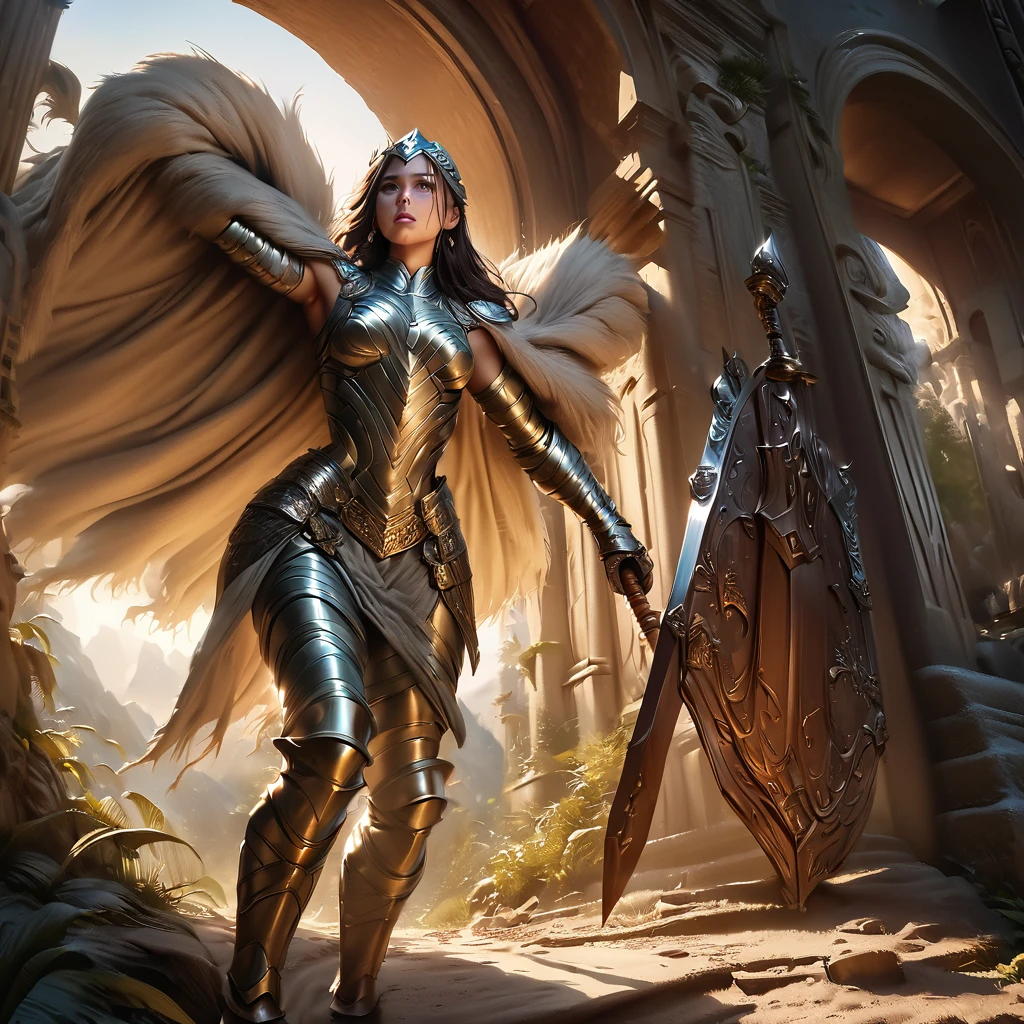 a beautiful female shield maiden, detailed face and armor, cinematic lighting, fantasy art, epic scale, detailed textures, photorealistic, highly detailed, masterpiece, 8k, (best quality, 4k, 8k, highres, masterpiece:1.2), ultra-detailed, (realistic, photorealistic, photo-realistic:1.37), dramatic lighting, chiaroscuro, moody atmosphere, intricate details, heroic pose, powerful expression, magnificent sword, ornate shield, flowing fabric, lush environment, rolling hills, dramatic sky, golden hour