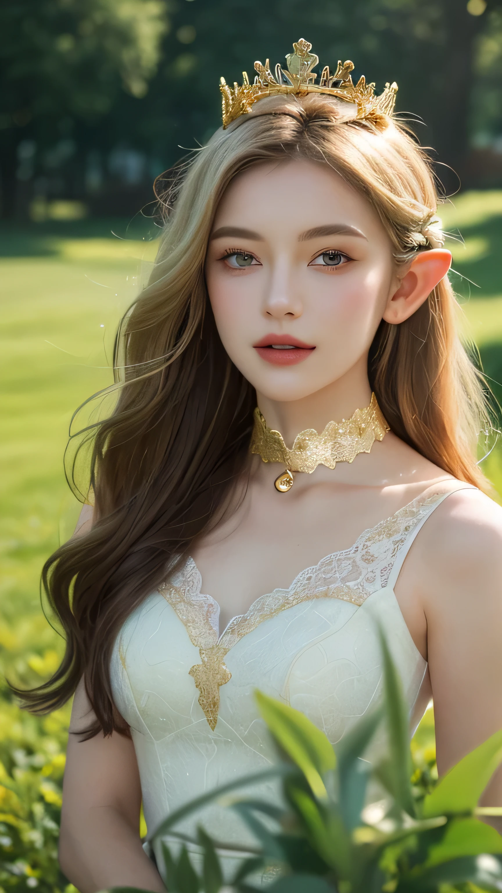 ((best quality)), ((masterpiece)), (detailed), perfect face, elf, gold hair, long hair, gold eyes, dress, garden, happy, sunny, white grass, lawn, lace choker, romantic, soft smile, looking at viewer, portrait, ribbons, crown