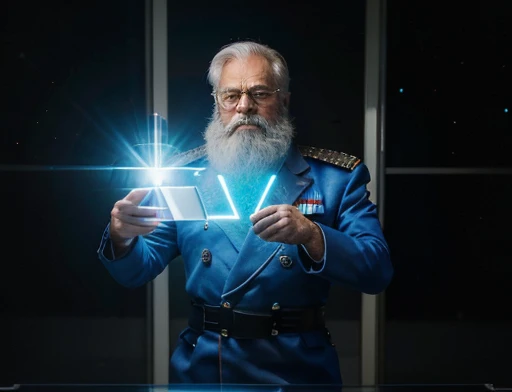 Full body photography full body photography dynamic image, He is holding a hologram LED device, The general orders an immediate exploration of the planet he has a large, bushy white beard he has a general&#39;with hat on head, wears a modern uniform, gestures with hands to spectators, he is chubby and chubby, extremely thick thighs, Large belly, plumpness, 65 years old, he holds a mug of hot coffee , Ambience: inside a ship. Full body photography Full body photography different angles of the image.