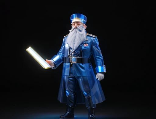 Full body photography full body photography dynamic image, He is holding a hologram LED device, The general orders an immediate exploration of the planet he has a large, bushy white beard he has a general'with hat on head, wears a modern uniform, gestures with hands to spectators, he is chubby and chubby, extremely thick thighs, Large belly, plumpness, 65 years old, he holds a mug of hot coffee , Ambience: inside a ship. Full body photography Full body photography different angles of the image.