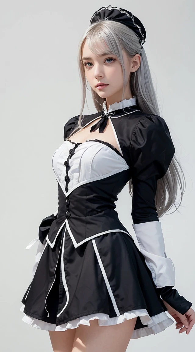 ((masterpiece)), (Highest quality))), (Character design sheet, National costume, same characters, front, ~ side, return), figure, 1 girl, whole body, Silver Hair, eyes hair, Beautiful Eyes, Princess Cut, Environmental change scene, Short skirt, Shyness, woman, girl, Are standing, Gothic ta, VTuber, Chartern Betarola, (simple returnground, white returnground: 1.3) ( masterpiece:1.2), (Highest quality:1.3)