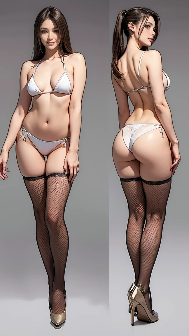 ((masterpiece)),(((Highest quality))),((Character design sheet)),Thin thighs,Long legs,Bunny girl:1.5,Wearing red fishnet stockings:1.5,The best smile:1.5,Full Body Shot:1.5,Gray background:1.5,Wearing black high heels:1.5,All Nude:1.5,Sexy white micro bikini:1.5
