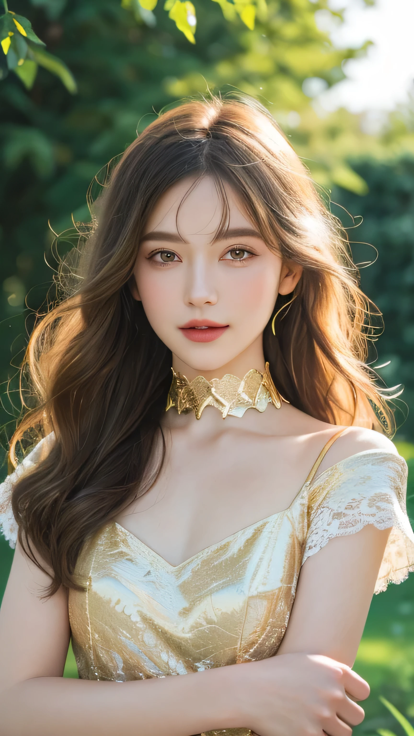 ((best quality)), ((masterpiece)), (detailed), perfect face, elf, gold hair, long hair, gold eyes, dress, garden, happy, sunny, white grass, lawn, lace choker, romantic, soft smile, looking at viewer, portrait, ribbons