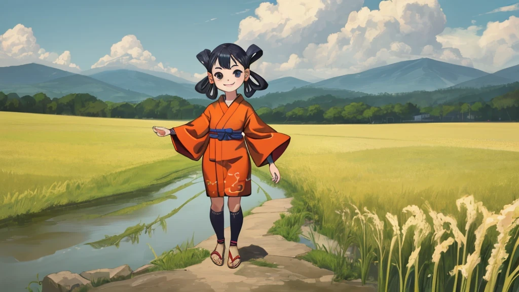 masterpiece, (Little:0.9), One girl, Are standing, smile, Bag RR, kimono, Hair Ring, Sandals, Outdoor, Field, null, cloud