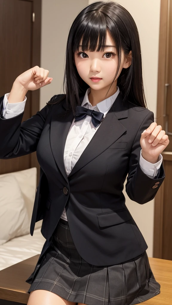 ((Tabletop)), (Detailed face), (highlight), Asian Girl、Big breasts、thigh、Black Hair、Heavy bangs、high school girl、skirt、blazer、Support your chest with your arms、Gazing Eyes、