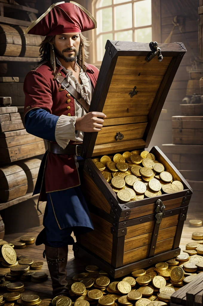 Picture of a pirate finding a treasure chest full of gold