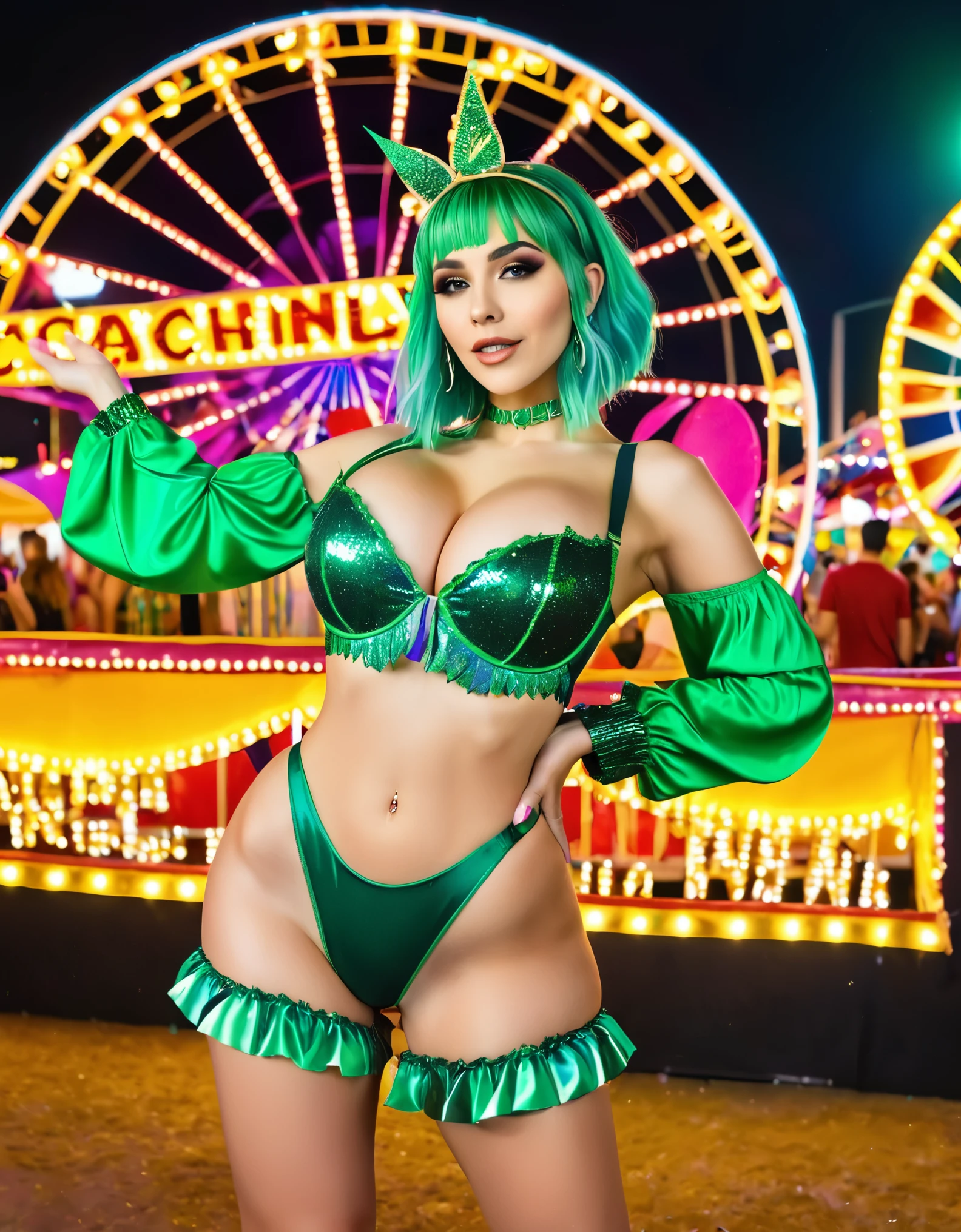 	A woman with green hair, dressed in a vibrant carnival outfit, standing in a festive carnival scene with bright lights and colorful decorations.