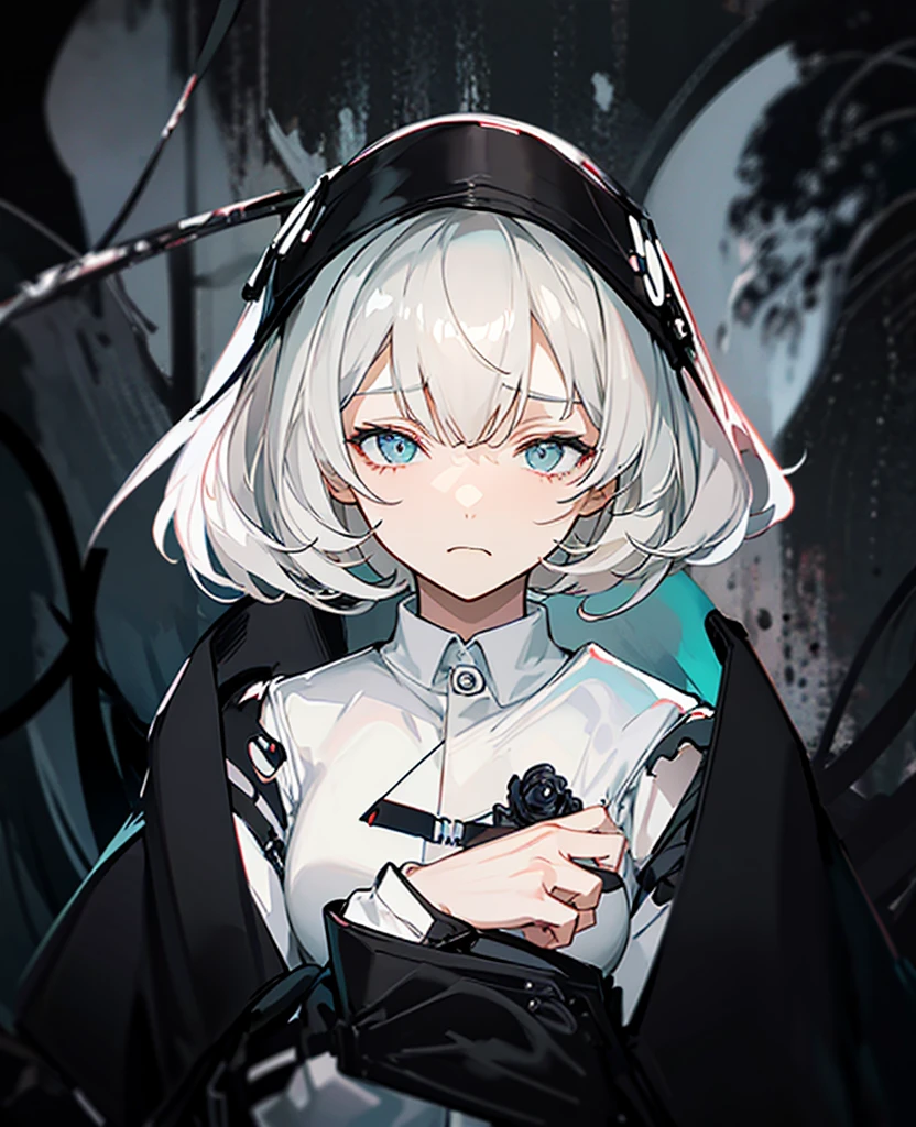 Masterpiece,Best quality,(A gloomy painting style:1.6),Solo,Boy,White hair,Short hair,(White shirt:1.4),((Face)) shirt,Shorts,Coat,Hood,Sneakers,Black coat,No breasts,Long sleeves,bangs,Fingerless gloves,Short hair,hair between eye,((gloomy expression)),(Pure black background:1.4),1 girl,monochrome,upper_body,gloom,hood,heart,hands up,holding heart,