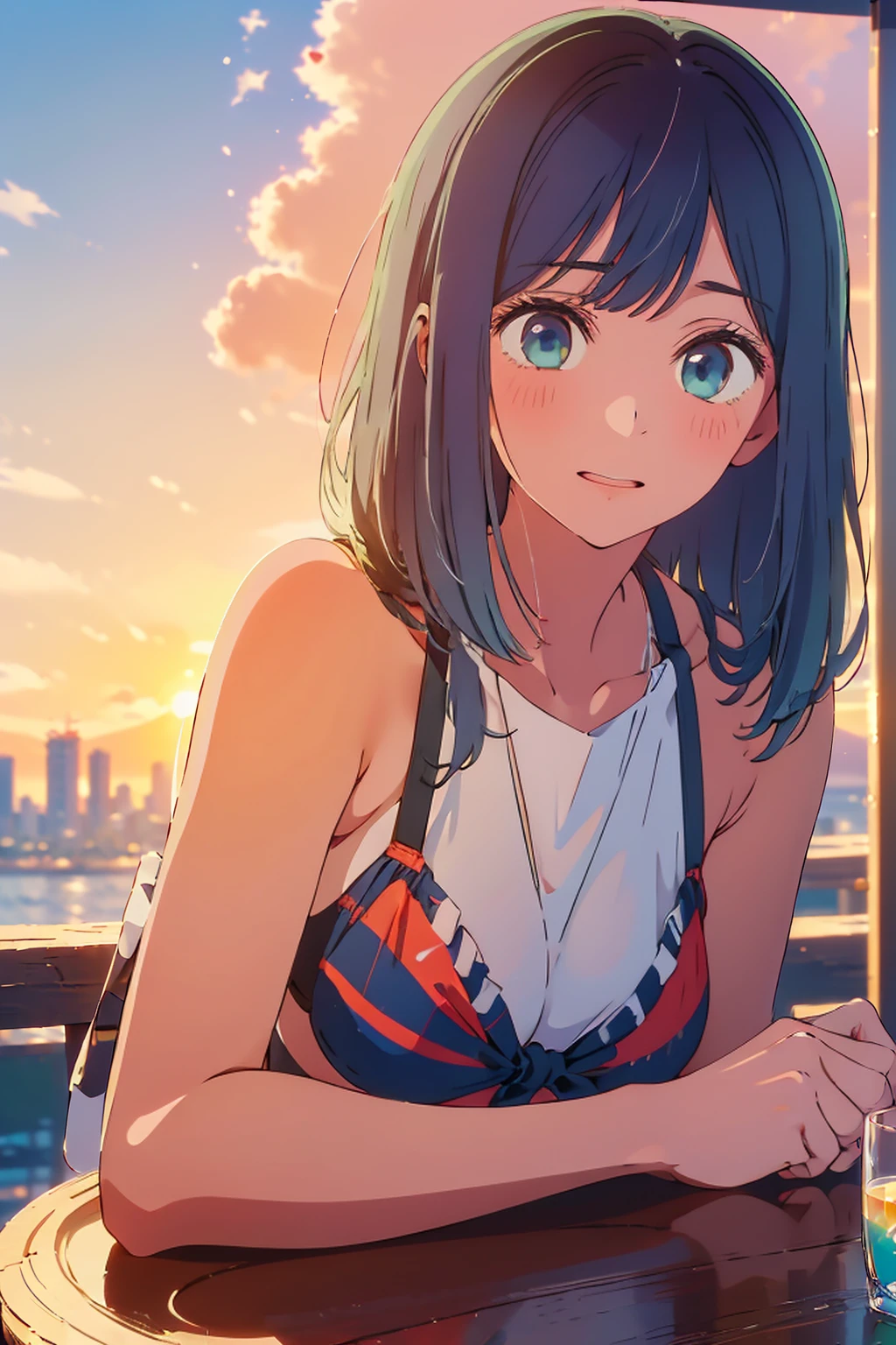 (Highest quality:1.4、masterpiece:1.4、Super detailed:1.4、8K:1.4)、F cup bust、Big Breasts、Slim body、((((1 person、Surprised expression、sit、In the background are the urban buildings of Tokyo、looking at the camera、Outdoor café terrace、Sunset Beach、Navy hair color、Shooting from an angle、juice、table、sunset、Very cute face))))、((nude、Areola、bikini size too small))、(Holding a glass)、A completely cloudless sky、Big eyes、((((Shallow depth of field))))
