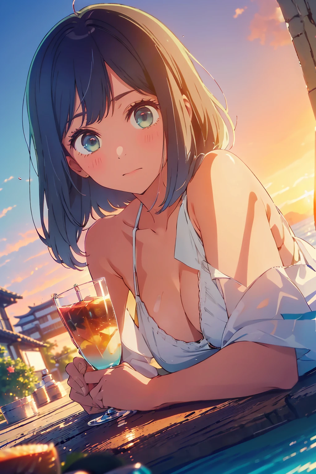 (Highest quality:1.4、masterpiece:1.uper detailed:1.4、8K:1.4)、F cup bust、Bigim body、((((1 person、Surprised expression、sit、In the background are the urban buildings of Tokyo、looking at the camera、Outdoor café terrace、Sunset Beach、Navy hair color、Shooting from an angle、juice、table、sunset、Very cute face))))、((nude、Areola、bi sizemall))、(Holding a glass)、A completely cloudless sky、Big eyes、((((Shallow depth of field))))
