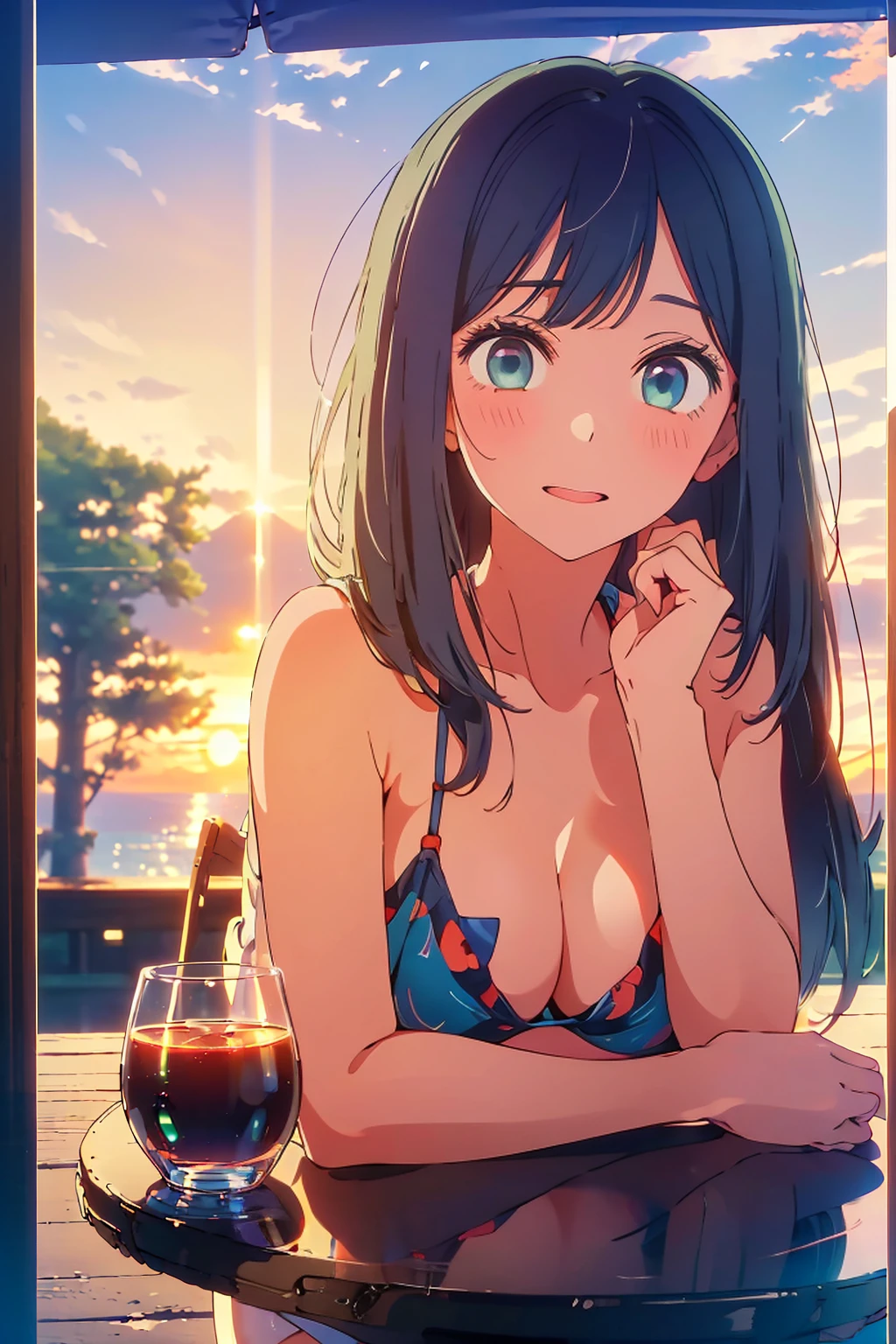 (Highest quality:1.4、masterpiece:1.4、Super detailed:1.4、8K:1.4)、F cup bust、Big Breasts、Slim body、((((1 person、Surprised expression、sit、In the background are the urban buildings of Tokyo、looking at the camera、Outdoor café terrace、Sunset Beach、Navy hair color、Shooting from an angle、juice、table、sunset、Very cute face))))、((nude、Areola、bikini size too small))、(Holding a glass)、A completely cloudless sky、Big eyes、((((Shallow depth of field))))