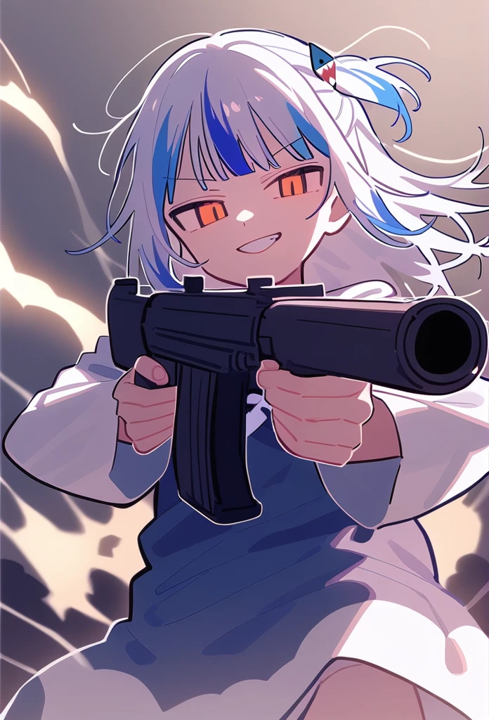 1girl, 3j_dangan, gawr gura, hololive, smirk, glowing eyes,hold a gun, already to shoot,jump