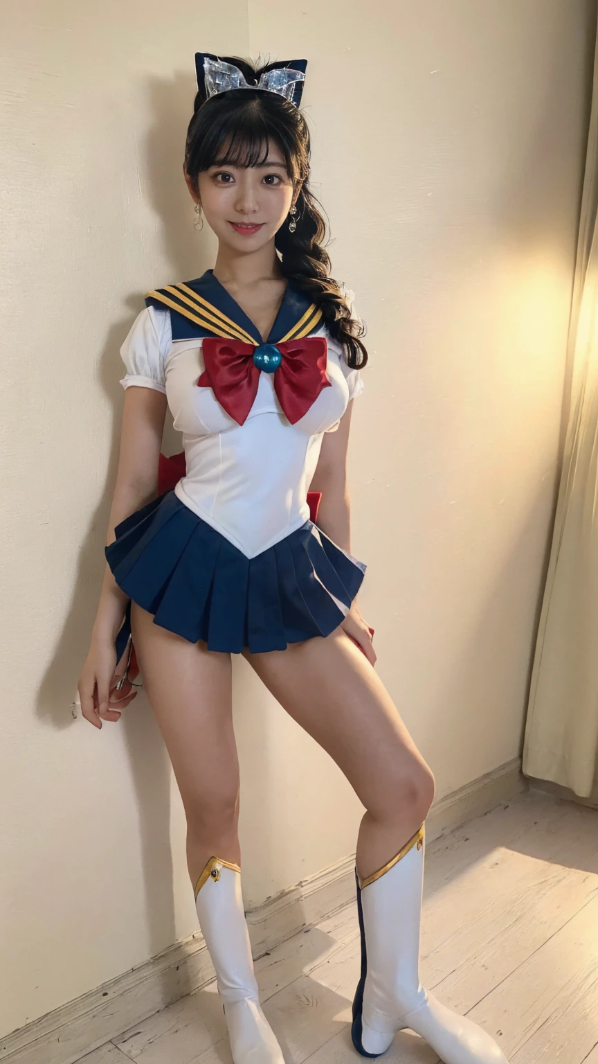 (8K、RAW Photos、Highest quality、masterpiece:1.2)、(Realistic、Realistic)、1 girl、((Sailor Moon Costume:1.5、Large Breasts、Full body from the front、Pictures for men to masturbate to))、Lots of eyelashes、Glowing eyelids、skeletally correct、smile