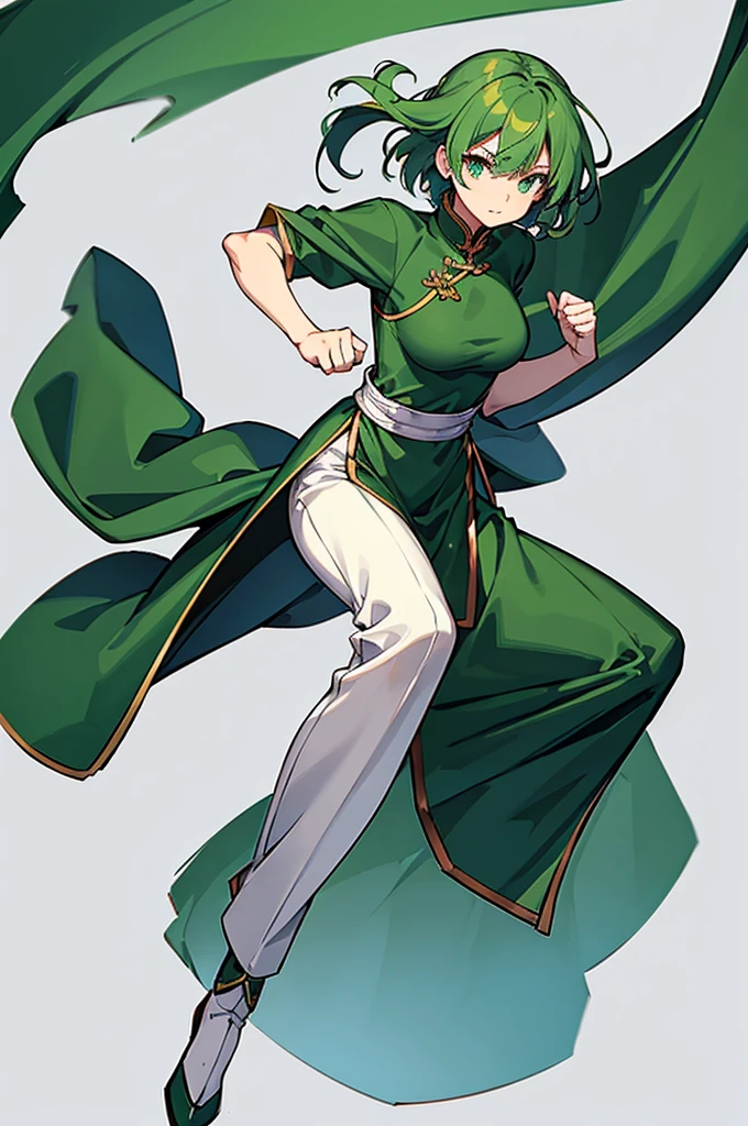 Green Hair、Her hair is short、small breast、upright stance、full body、Fighter、male、Uniform、Chinese Knight、Chinese style、White background、No exposure、China dress、pants、band、front、White clothes、Kung Fu、slender