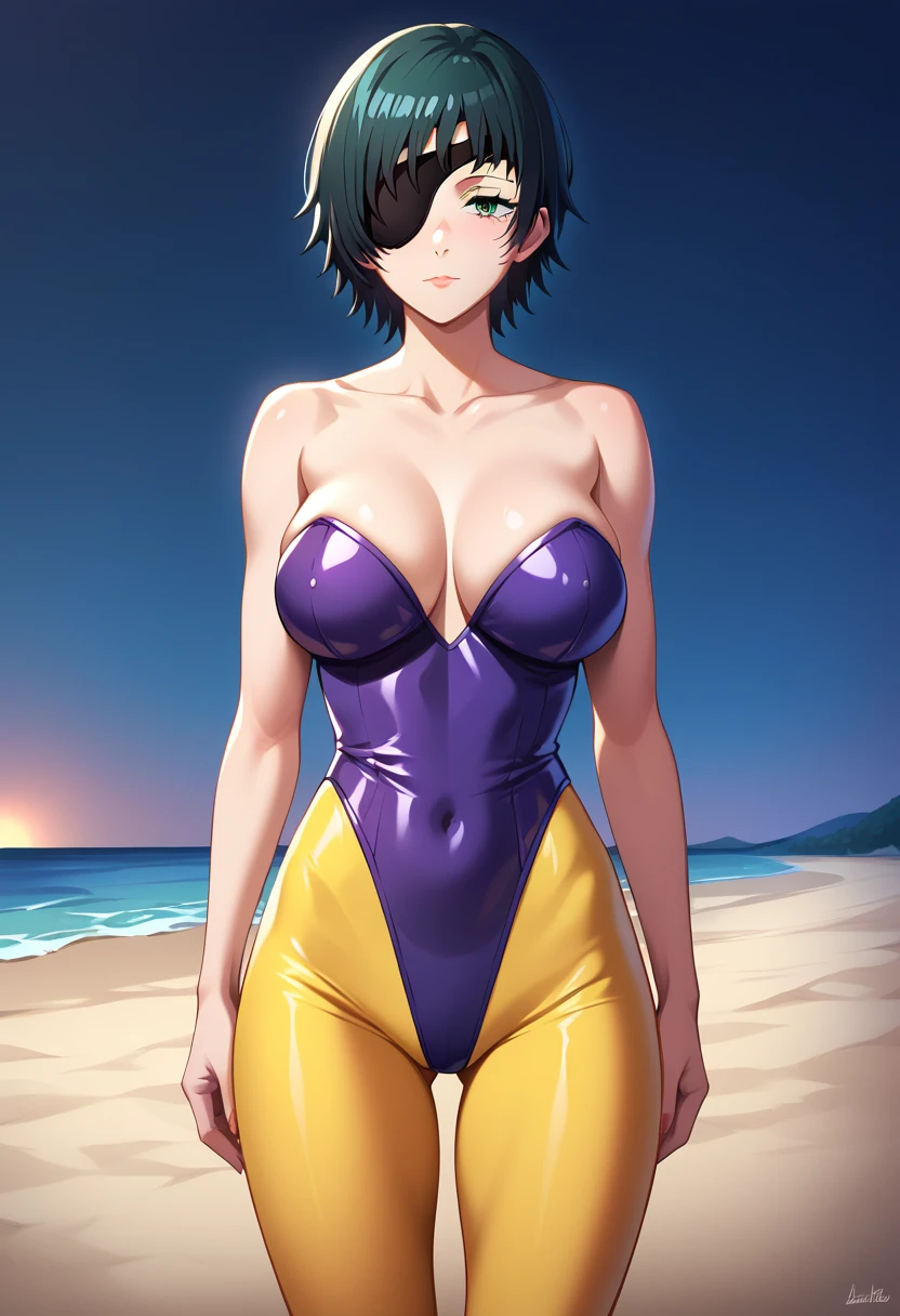 mature female, mature, Adult, himeno, himeno(Chainsaw Man), 1girl, black hair, short hair, eyepatch, Himeno(Chainsaw Man), solo, expressionless, empty eyes, Spread arms, Villains, latex purple leotard, Yellow pantyhose, chest, View your audience, Beach, Night, Dark, masterpiece, Top animation quality，Top image quality,