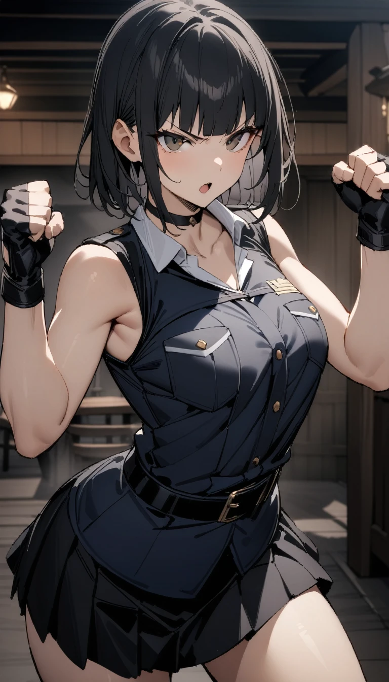 ((Highest quality)), ((masterpiece)), (detailed),cowboy shot , ((Rin々Policewoman))　small breasts 　Mature Woman, ((A black sleeveless uniform with a black blouse and breast pocket)),　White T-shirt underneath　Black choker,((clavicle))、Short black hair　Blunt bangs　black pleated mini skirt　black fingerless gloves　V-shaped eyebrows　Combat Stance　Black Belt　Clenched fist　Old tavern