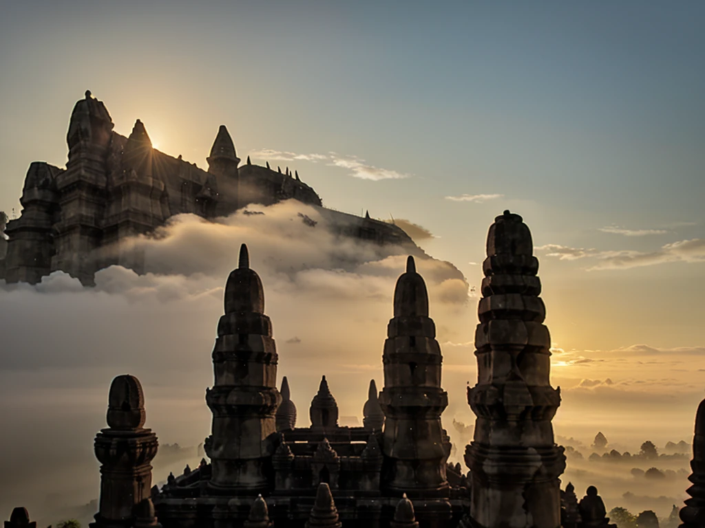 a picture of "unfinished temple in the morning at sunrise (prambanan)", good lighting, good quality, good texture, mist, myth vibe, 4k, realistic, low angle,