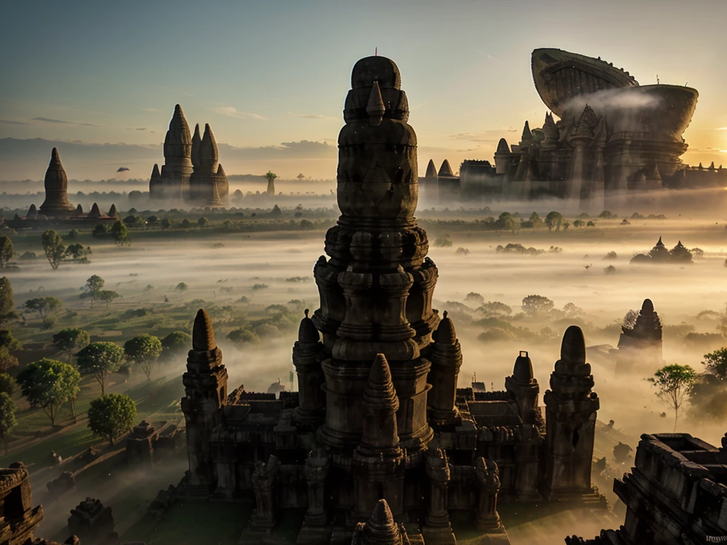 a picture of "unfinished temple in the morning at sunrise (prambanan)", good lighting, good quality, good texture, mist, myth vibe, 4k, realistic, low angle,